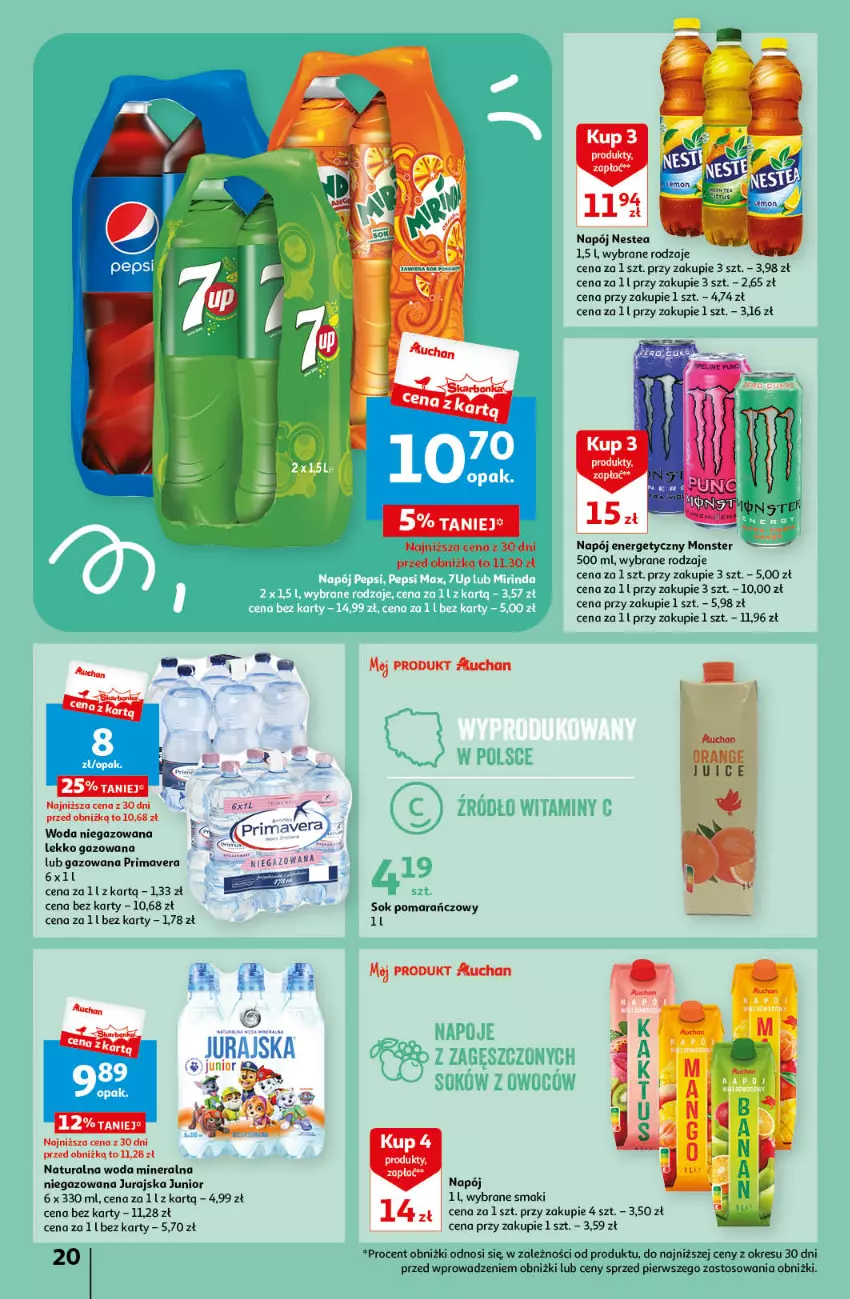 Gazetka promocyjna Auchan - Gazetka Sezonowe korzyści Hipermarket Auchan - ważna 31.08 do 06.09.2023 - strona 20 - produkty: Napój, Nestea, Prima, Primavera, Sok, Sok pomarańczowy, Woda, Woda mineralna, Woda niegazowana