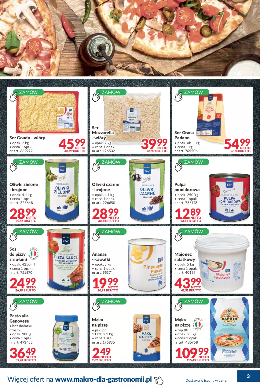 Gazetka promocyjna Makro - [Oferta promocyjna] Dostawy - ważna 07.01 do 07.02.2022 - strona 3 - produkty: Ananas, Gouda, Gra, Kawa, Majonez, Majonez sałatkowy, Mąka, Mozzarella, Oliwki, Oliwki czarne, Oliwki zielone, Pesto, Pulpa pomidorowa, Sałat, Ser, Sos, Sos do pizzy