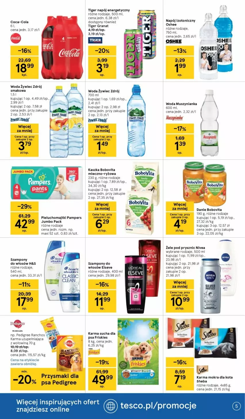 Gazetka promocyjna Tesco - Tesco gazetka - przyszły tydzień - ważna 08.07 do 14.07.2021 - strona 5 - produkty: BoboVita, Coca-Cola, Elseve, Gra, Granat, Majtki, Mus, Muszynianka, Napój, Napój energetyczny, Napój izotoniczny, Nivea, Pampers, Pedigree, Pieluchomajtki, Sheba, Sól, Szampon, Tiger, Top, Woda