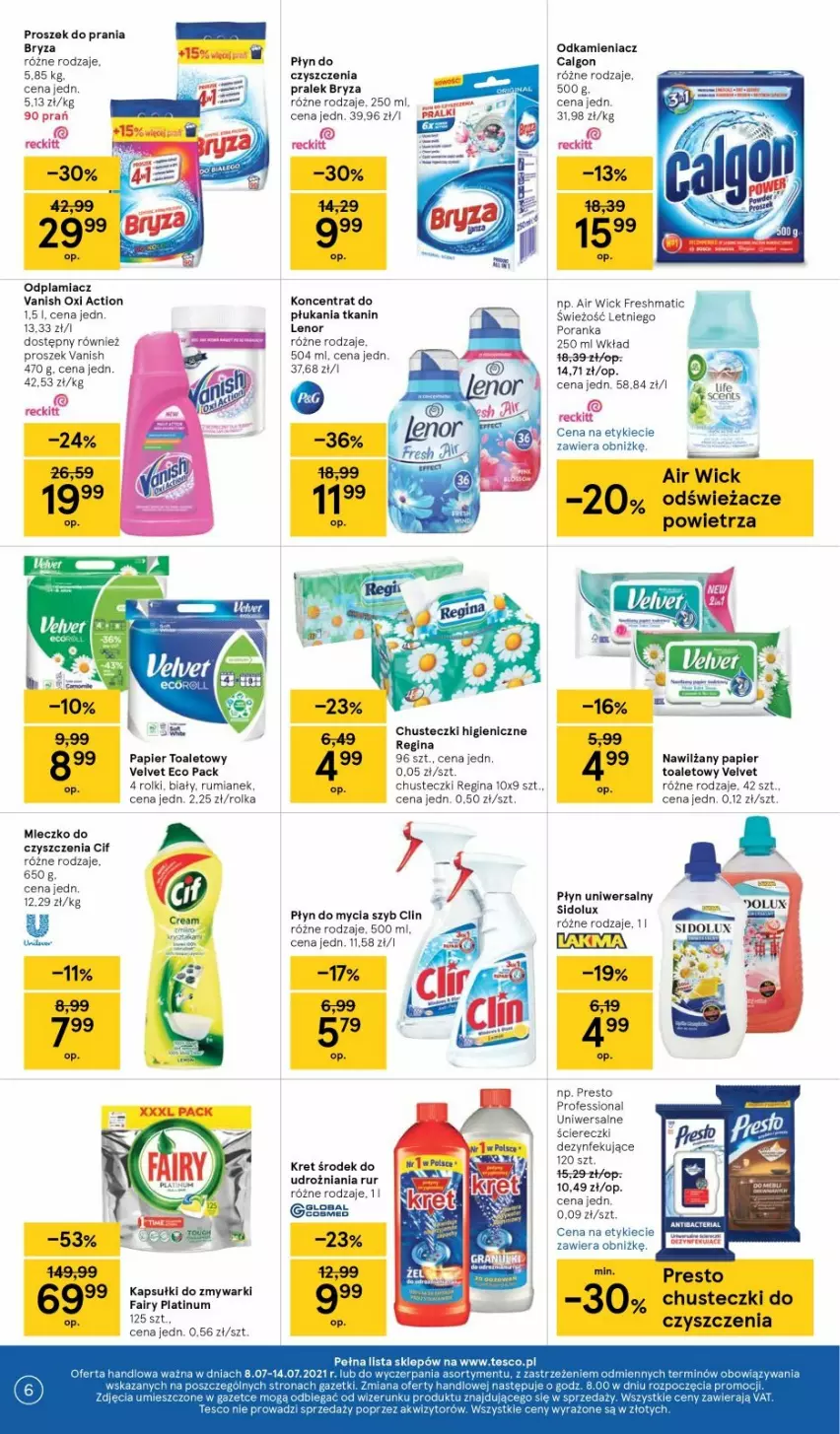 Gazetka promocyjna Tesco - Tesco gazetka - przyszły tydzień - ważna 08.07 do 14.07.2021 - strona 6 - produkty: Air Wick, Bryza, Calgon, Chusteczki, Cif, Clin, Gin, Kret, Lenor, LG, Mleczko, Odkamieniacz, Papier, Płyn do mycia, Por, Presto, Proszek do prania, Rolki, Rum, Vanish, Velvet