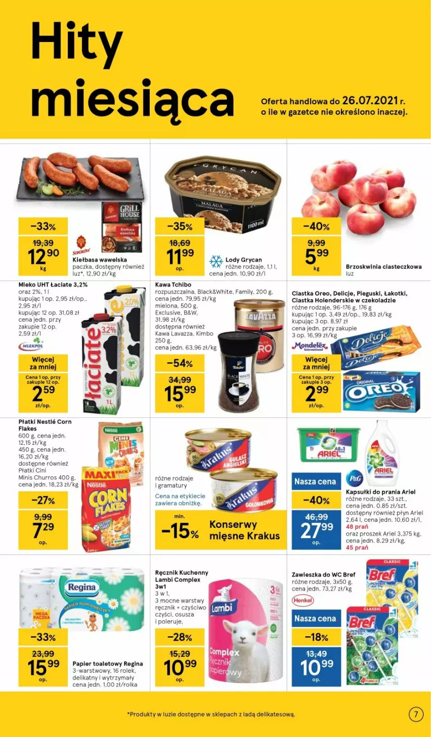 Gazetka promocyjna Tesco - Tesco gazetka - przyszły tydzień - ważna 08.07 do 14.07.2021 - strona 7 - produkty: Ariel, Bref, Ciastka, Cini Minis, Fa, Gra, Gry, Kapsułki do prania, Kawa, Kiełbasa, Krakus, Lavazza, Lody, Mleko, Oreo, Rama, Ręcznik, Ręcznik kuchenny, Ser, Tchibo, Wawel, Zawieszka do wc