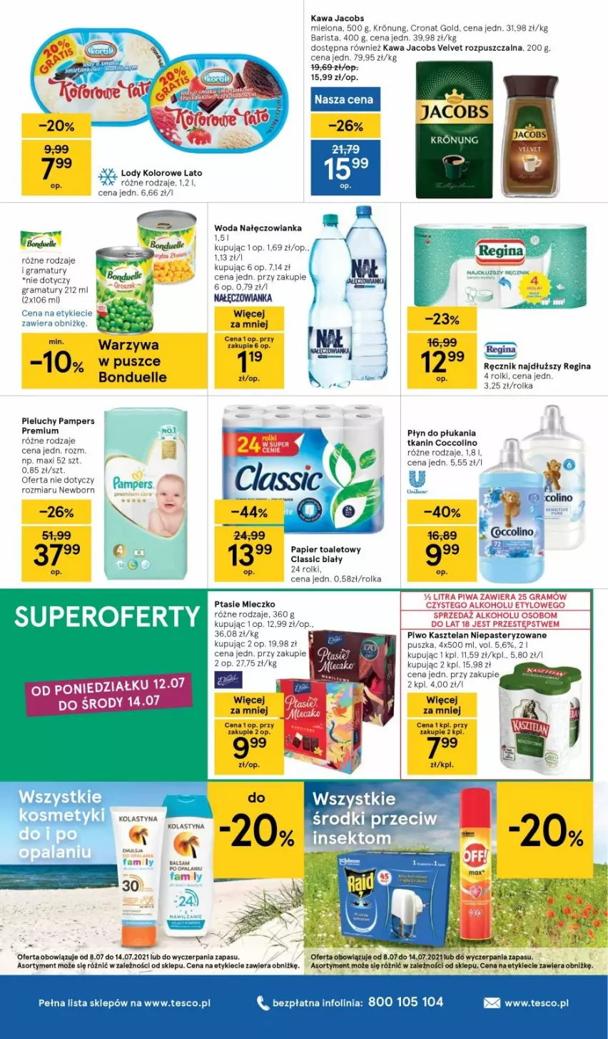 Gazetka promocyjna Tesco - Tesco gazetka - przyszły tydzień - ważna 08.07 do 14.07.2021 - strona 8 - produkty: Bonduelle, Gin, Gra, Jacobs, Kasztelan, Kawa, Lody, Mleczko, Nałęczowianka, Pampers, Papier, Papier toaletowy, Pieluchy, Piwo, Ptasie mleczko, Rama, Ręcznik, Warzywa, Woda