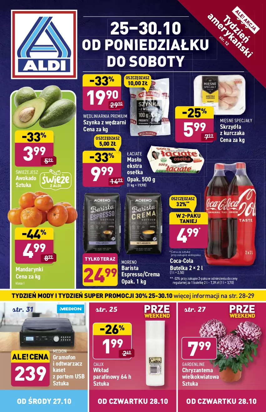 Gazetka promocyjna Aldi - ważna 25.10 do 30.10.2021 - strona 1 - produkty: Chryzantema, Coca-Cola, Gra, Kurczak, Mandarynki, Masło, Mięsne specjały, Por, Szynka, Tera