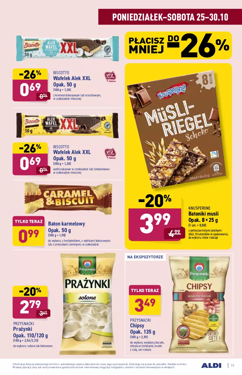 Gazetka promocyjna Aldi - ważna 25.10 do 30.10.2021 - strona 11 - produkty: Baton, Beko, Boczek, Cebula, Chipsy, Herbatniki, Kakao, Kokos, Masło, Mus, Przysnacki, Ser, Tera, Tonik, Wafelek, Wafle