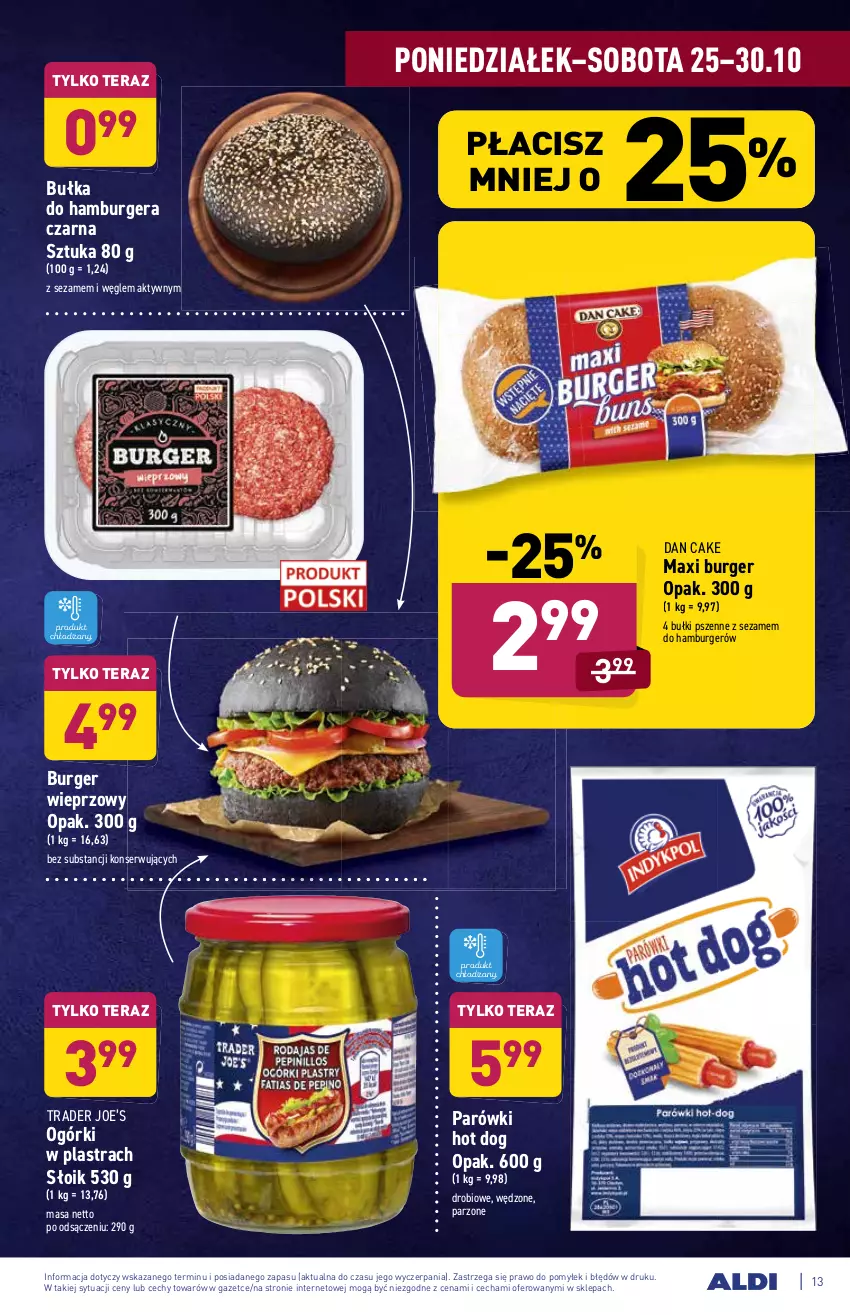 Gazetka promocyjna Aldi - ważna 25.10 do 30.10.2021 - strona 13 - produkty: Bułka, Burger, Dan Cake, Hamburger, Hot dog, Parówki, Parówki hot dog, Ser, Sezam, Tera