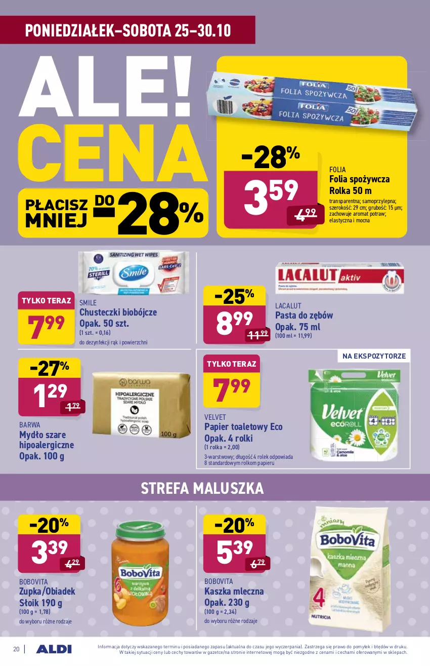 Gazetka promocyjna Aldi - ważna 25.10 do 30.10.2021 - strona 20 - produkty: BoboVita, Chusteczki, Fa, Lacalut, Mop, Mydło, Papier, Papier toaletowy, Pasta do zębów, Rolki, Tera, Tran, Velvet