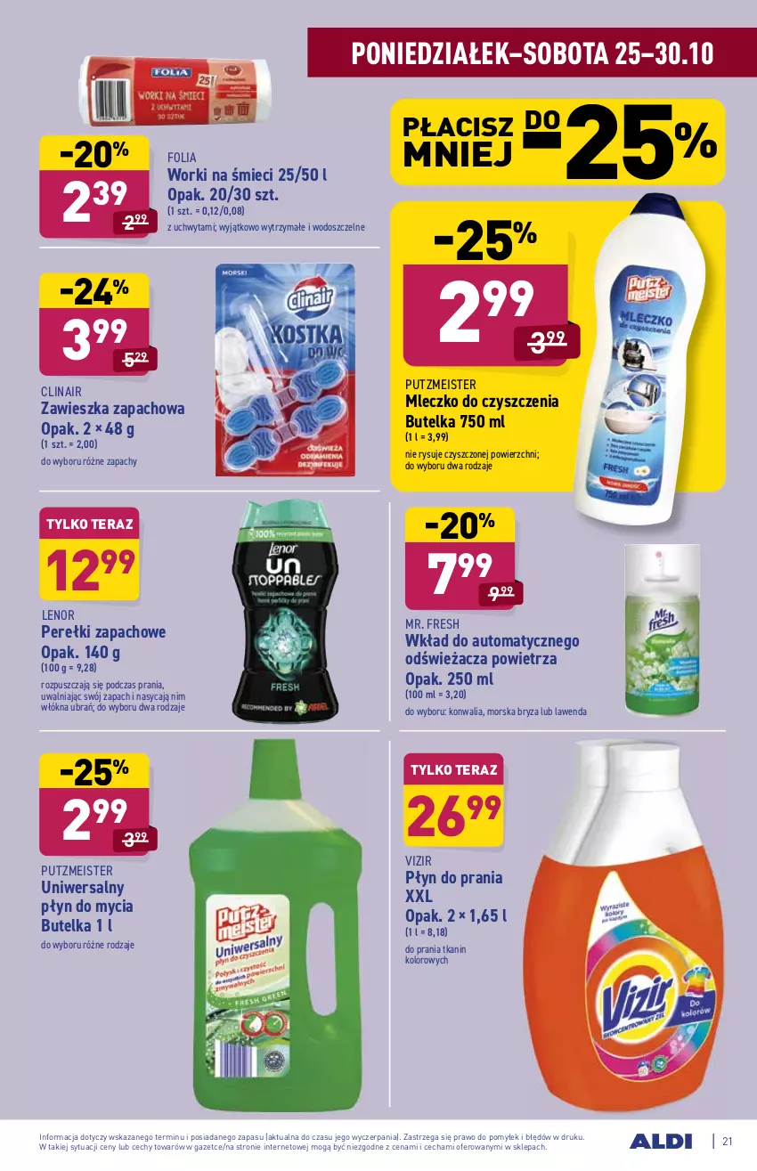 Gazetka promocyjna Aldi - ważna 25.10 do 30.10.2021 - strona 21 - produkty: Bryza, Clin, Lenor, Mleczko, Perełki zapachowe, Płyn do mycia, Płyn do prania, Putzmeister, Tera, Vizir, Worki na śmiec, Worki na śmieci