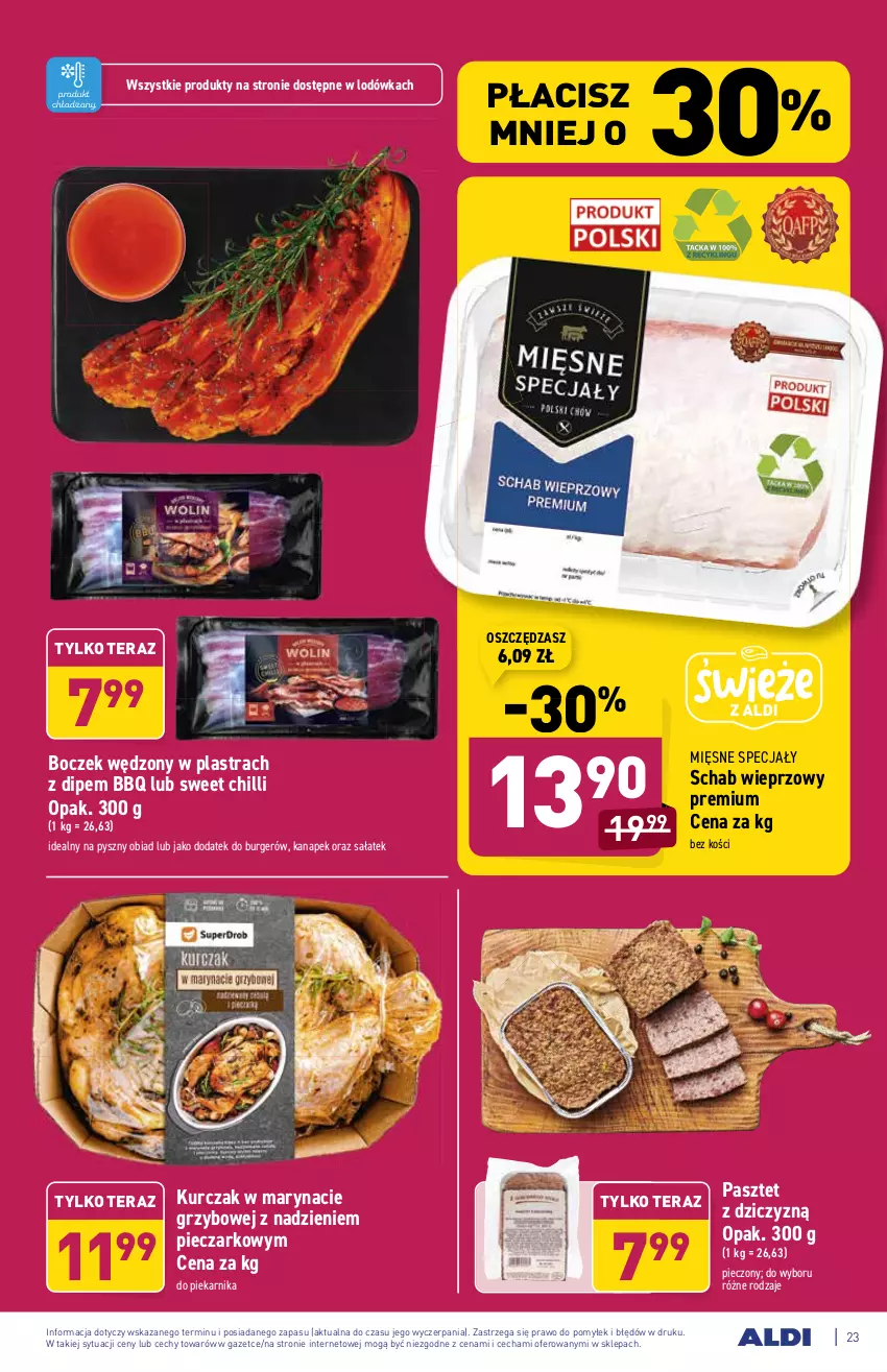 Gazetka promocyjna Aldi - ważna 25.10 do 30.10.2021 - strona 23 - produkty: Boczek, Burger, Kurczak, Lodówka, Mięsne specjały, Pasztet, Piec, Piekarnik, Sałat, Schab wieprzowy, Tera