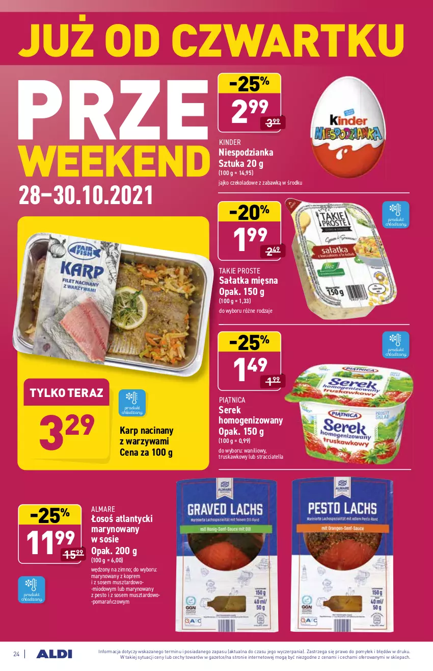 Gazetka promocyjna Aldi - ważna 25.10 do 30.10.2021 - strona 24 - produkty: Karp, Kinder, Mus, Pesto, Piątnica, Sałat, Sałatka, Ser, Serek, Serek homogenizowany, Sos, Tera, Warzywa