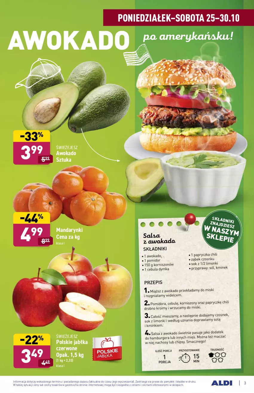 Gazetka promocyjna Aldi - ważna 25.10 do 30.10.2021 - strona 3 - produkty: Burger, Cebula, Chipsy, Czosnek, Hamburger, Jabłka, Kminek, Mandarynki, Por, Przyprawy, Salsa, Sok, Sól