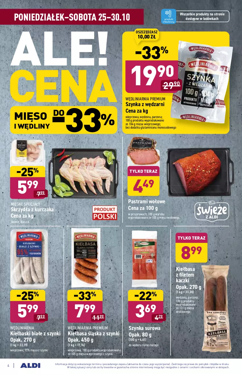 Gazetka promocyjna Aldi - ważna 25.10 do 30.10.2021 - strona 4 - produkty: Kiełbasa, Kiełbasa śląska, Kiełbaski białe, Kurczak, Lodówka, Mięsne specjały, Mięso, Szynka, Tera