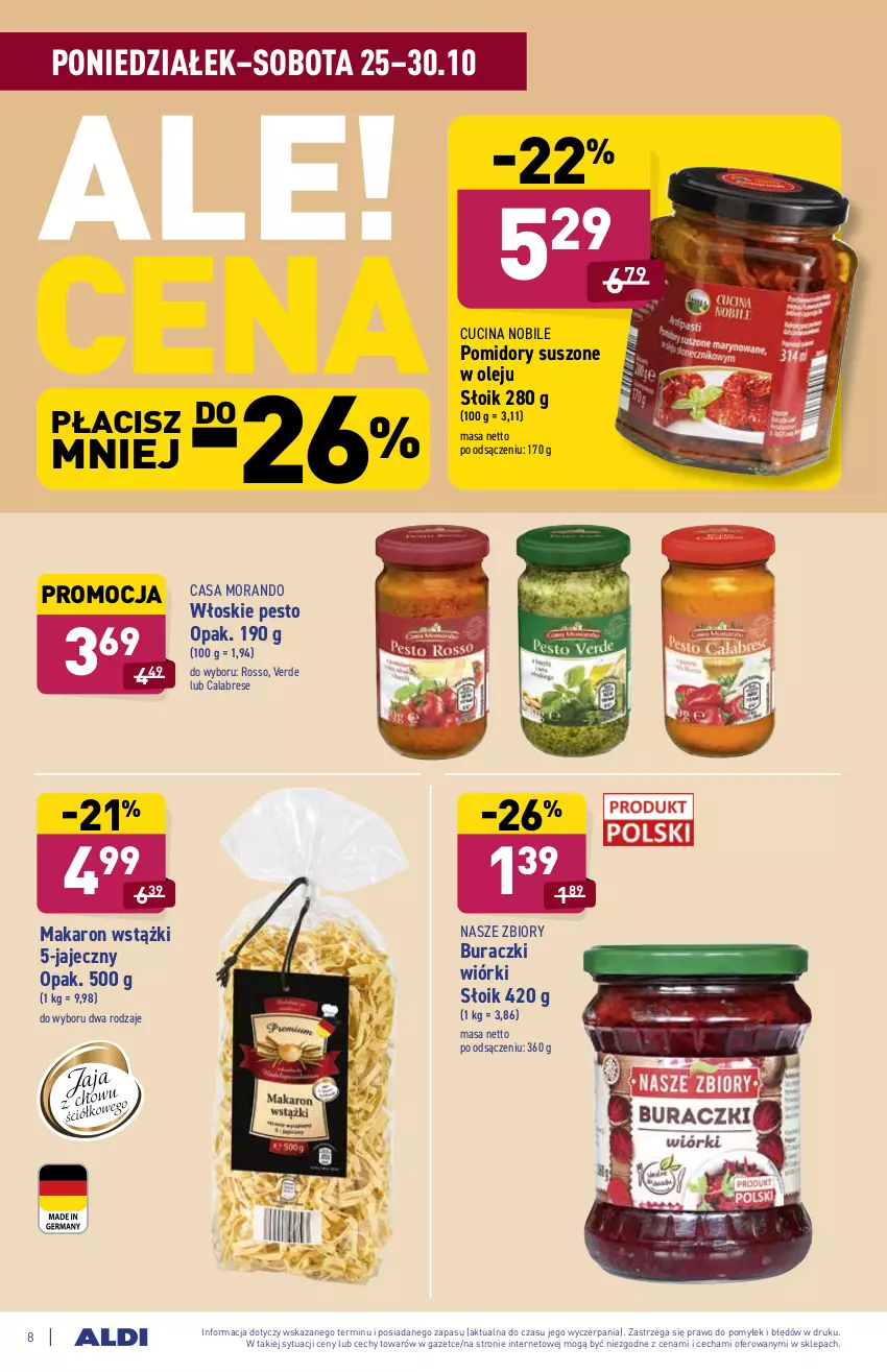 Gazetka promocyjna Aldi - ważna 25.10 do 30.10.2021 - strona 8 - produkty: Buraczki, Makaron, Olej, Pesto, Pomidory