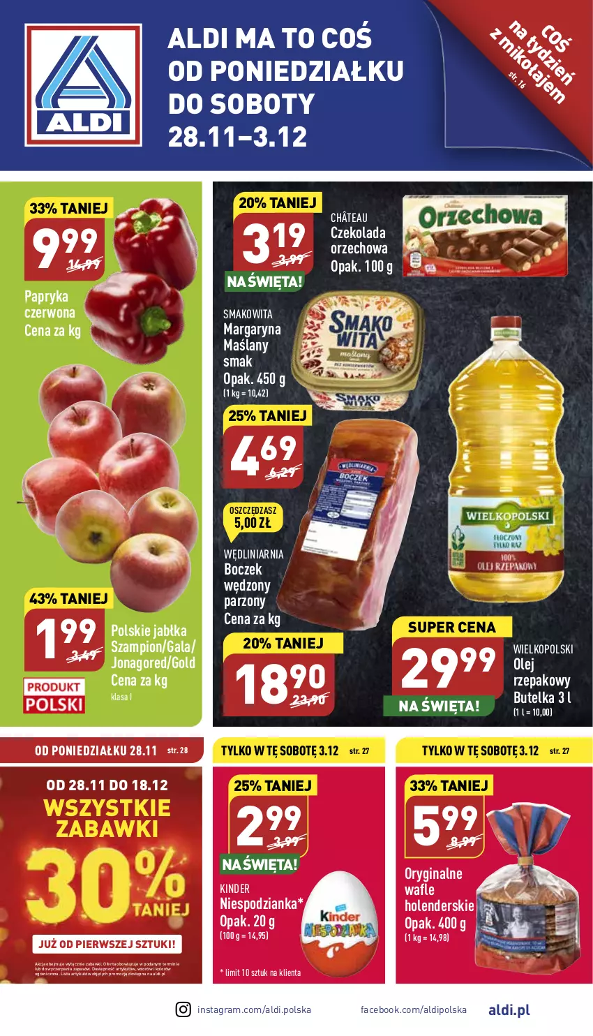 Gazetka promocyjna Aldi - Pełny katalog - ważna 28.11 do 03.12.2022 - strona 1 - produkty: Boczek, Czekolada, Czekolada orzechowa, Fa, Gala, Gin, Gra, Jabłka, Kinder, Margaryna, Olej, Olej rzepakowy, Papryka, Papryka czerwona, Smakowita, Szampion, Wafle