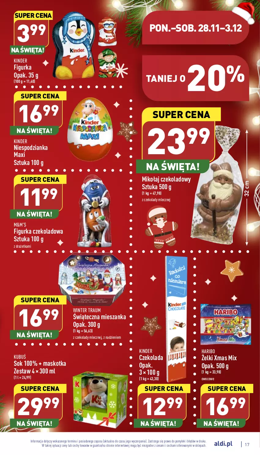 Gazetka promocyjna Aldi - Pełny katalog - ważna 28.11 do 03.12.2022 - strona 17 - produkty: Czekolada, Haribo, Kinder, Kubuś, Sok