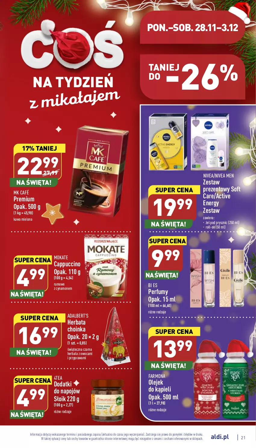 Gazetka promocyjna Aldi - Pełny katalog - ważna 28.11 do 03.12.2022 - strona 21 - produkty: Cappuccino, Choinka, Fa, Herbata, Inka, Kawa, Kawa mielona, Nivea, Nivea Men, Olej, Perfum, Rum, Zestaw prezentowy