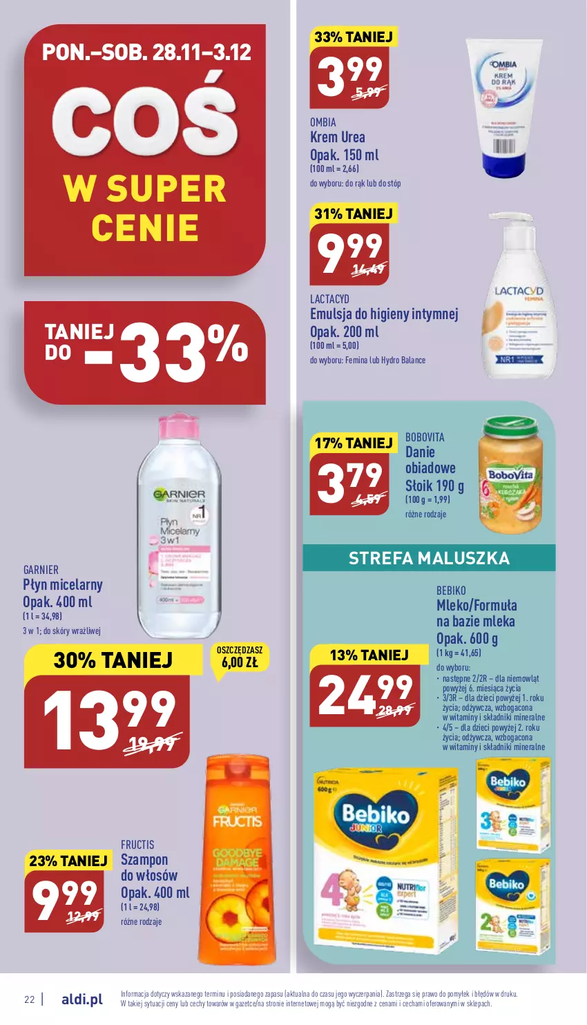 Gazetka promocyjna Aldi - Pełny katalog - ważna 28.11 do 03.12.2022 - strona 22 - produkty: Bebiko, BoboVita, Dzieci, Emulsja, Fa, Fructis, Garnier, Lactacyd, Mleko, Płyn micelarny, Szampon