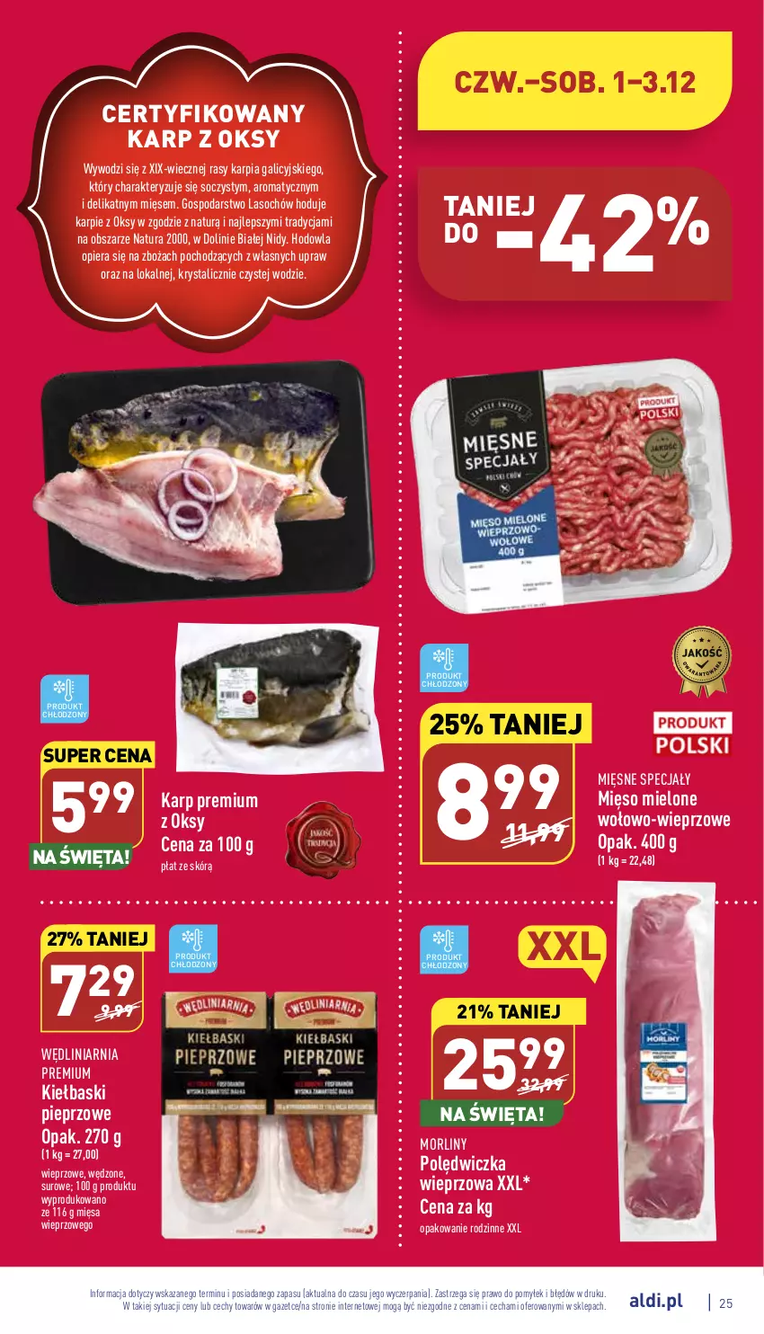 Gazetka promocyjna Aldi - Pełny katalog - ważna 28.11 do 03.12.2022 - strona 25 - produkty: Karp, Kiełbaski pieprzowe, Mięsne specjały, Mięso, Mięso mielone, Morliny, Pieprz, Polędwiczka wieprzowa