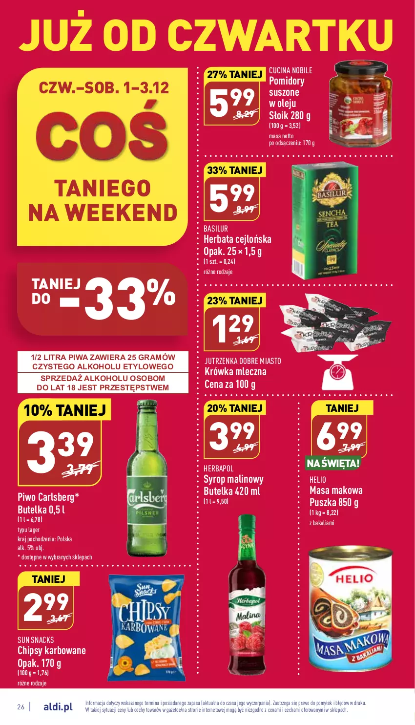 Gazetka promocyjna Aldi - Pełny katalog - ważna 28.11 do 03.12.2022 - strona 26 - produkty: Carlsberg, Chipsy, Gra, Helio, Herbapol, Herbata, Jutrzenka, Olej, Piwa, Piwo, Pomidory, Syrop