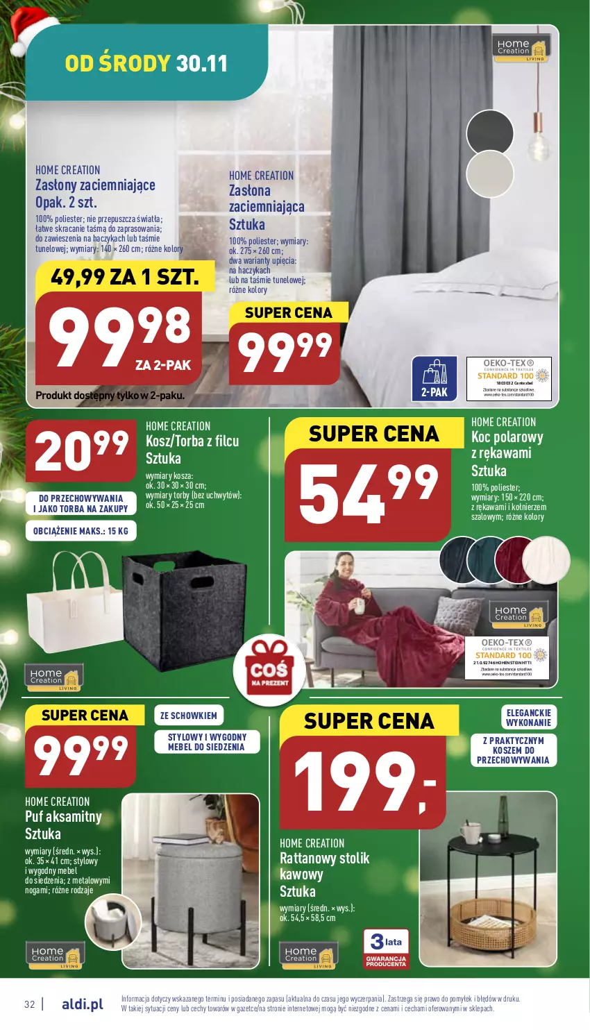 Gazetka promocyjna Aldi - Pełny katalog - ważna 28.11 do 03.12.2022 - strona 32 - produkty: Aksam, Haczyk, Kawa, Koc, Kosz, Puf, Stolik, Stolik kawowy, Szal, Torba, Torba na zakupy, Tunel, Zasłona