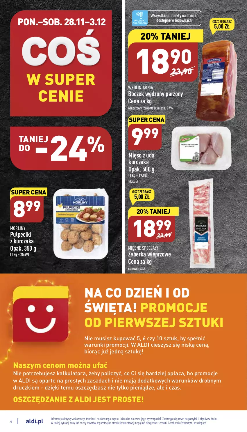 Gazetka promocyjna Aldi - Pełny katalog - ważna 28.11 do 03.12.2022 - strona 4 - produkty: Boczek, Fa, Kurczak, Lodówka, Mięsne specjały, Mięso, Mięso z uda kurczaka, Morliny, Mus