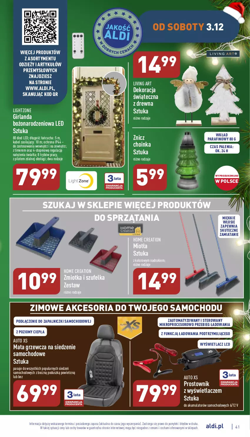 Gazetka promocyjna Aldi - Pełny katalog - ważna 28.11 do 03.12.2022 - strona 41 - produkty: Akumulator, Choinka, Dekoracja świąteczna, Girlanda, Inka, Mata grzewcza, Miotła, Procesor, Prostownik, Szufelka, Top, Znicz