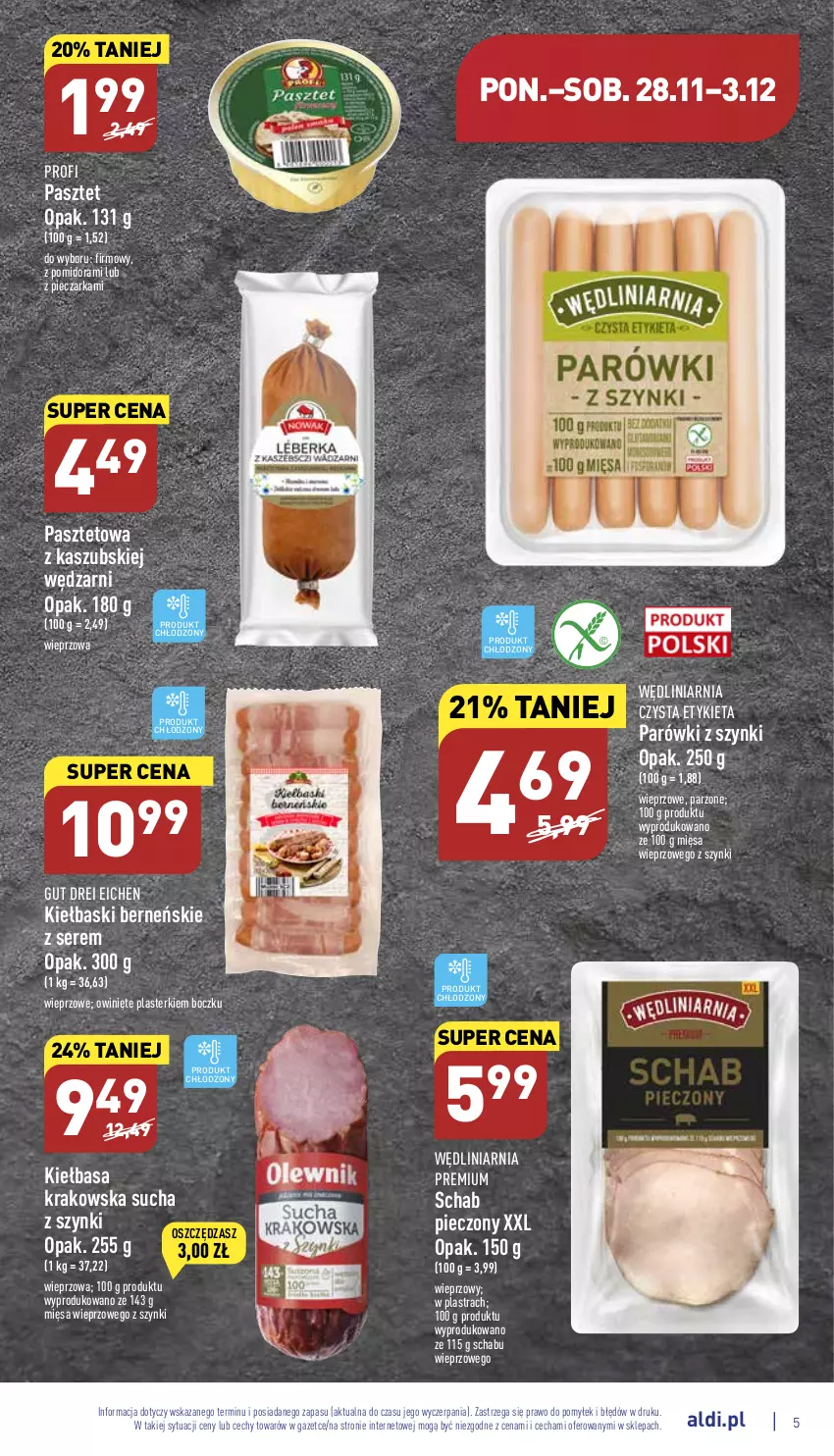 Gazetka promocyjna Aldi - Pełny katalog - ważna 28.11 do 03.12.2022 - strona 5 - produkty: Kiełbasa, Kiełbasa krakowska, Parówki, Parówki z szynki, Pasztet, Piec, Pieczarka, Plasterki, Schab pieczony, Ser