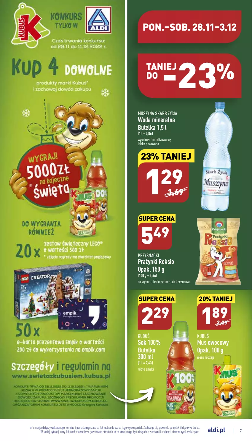 Gazetka promocyjna Aldi - Pełny katalog - ważna 28.11 do 03.12.2022 - strona 7 - produkty: Kubuś, Mus, Przysnacki, Sok, Szyna, Woda, Woda mineralna