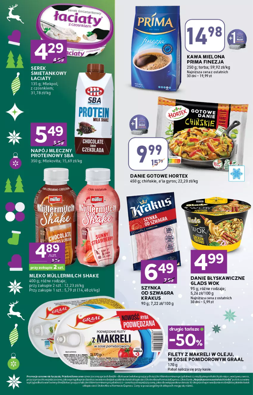 Gazetka promocyjna Stokrotka - Stokrotka Express - ważna 13.11 do 19.11.2025 - strona 4 - produkty: Czekolada, Danie gotowe, Fa, Gra, Graal, Gyros, Hortex, Kawa, Kawa mielona, Krakus, Mięso, Mleko, Napój, Napój mleczny, Olej, Por, Prima, Regał, Ser, Serek, Sos, Szynka, Torba