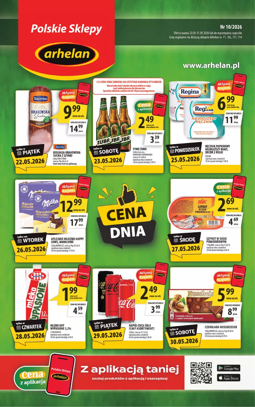 Gazetka promocyjna Arhelan - Gazetka - ważna 22.05 do 31.05.2026 - strona 1 - produkty: Czekolada, Gin, Kiełbasa, Kiełbasa krakowska, Mleczko, Mleko, Napój, Papier, Piec, Piwa, Piwo, Ręcznik, Rolki, Ser, Sos, Szprot, Szprot w sosie, Tarczyński, Tera