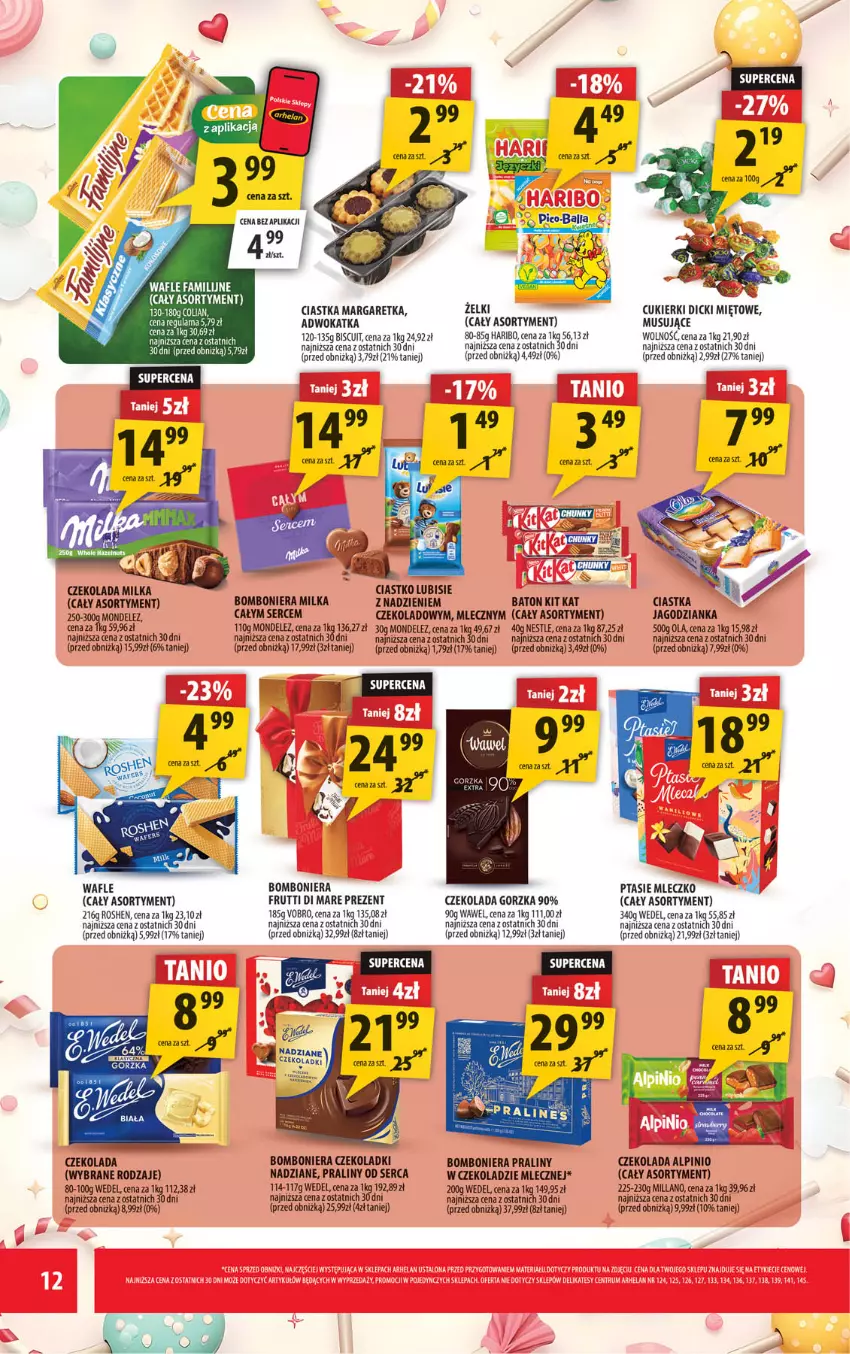 Gazetka promocyjna Arhelan - Gazetka - ważna 22.05 do 31.05.2026 - strona 12 - produkty: Baton, Bomboniera, Ciastka, Cukier, Cukierki, Czekolada, Czekolada gorzka, Haribo, Jagodzianka, Kit Kat, Lubisie, Milka, Mleczko, Mus, Praliny, Ptasie mleczko, Ser, Wafle, Wawel