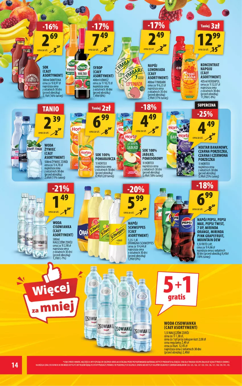 Gazetka promocyjna Arhelan - Gazetka - ważna 22.05 do 31.05.2026 - strona 14 - produkty: 7up, Cisowianka, Dawtona, Gin, Gra, Herbapol, Hortex, Lemoniada, Mirinda, Napój, Nektar, Nektar bananowy, Pepsi, Por, Rum, Schweppes, Tymbark, Woda