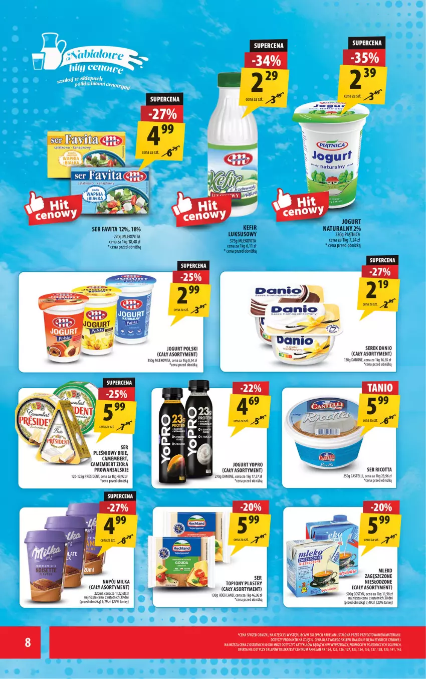 Gazetka promocyjna Arhelan - Gazetka - ważna 22.05 do 31.05.2026 - strona 8 - produkty: Brie, Camembert, Danio, Danone, Fa, Favita, Hochland, Jogurt, Koc, Milka, Mleko, Mlekovita, Napój, Piątnica, Ricotta, Ser, Ser pleśniowy, Serek, Top, Vita C