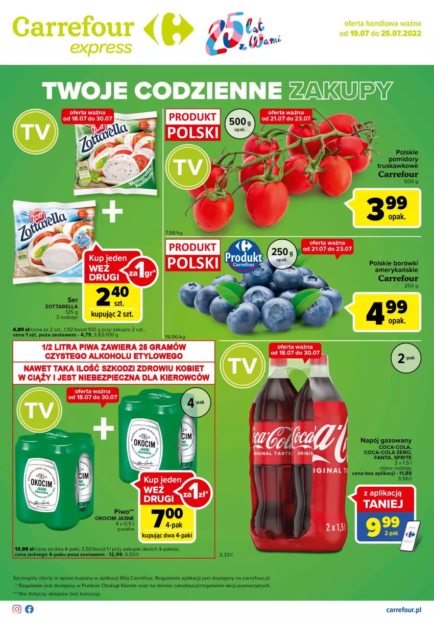 Gazetka promocyjna Carrefour - Gazetka Express - ważna 19.07 do 25.07.2022 - strona 1 - produkty: Coca-Cola, Fa, Fanta, Gin, Gra, Koc, Kosz, LG, Napój, Napój gazowany, Okocim, Piec, Piwa, Piwo, Pomidory, Sprite, Zott, Zottarella