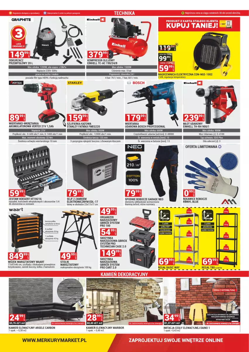 Gazetka promocyjna Merkury Market - Otwarcie - Krosno ul. Bieszczadzka 31 - ważna 30.11 do 31.12.2024 - strona 11 - produkty: Akumulator, Bosch, Einhell, Fa, Kamień elewacyjny, Kompresor, Kompresor olejowy, Młot, Młot udarowy, Nagrzewnica elektryczna, Odkurzacz, Olej, Organizer, Por, Rękawice, Rękawice robocze, Sejf, Skrzynka narzędziowa, Spodnie, Stolik, Szlifierka, Szlifierka kątowa, Tarka, Wiertarka, Wkręt, Wkrętarka, Wózek