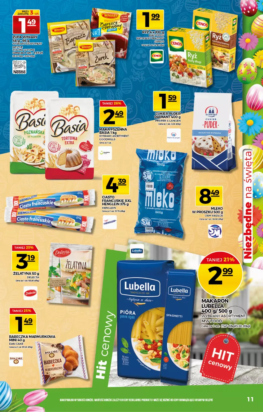 Gazetka promocyjna Topaz - Gazetka - ważna 25.03 do 31.03.2021 - strona 11 - produkty: Basia, Cenos, Ciasto francuskie, Cukier, Dan Cake, Delecta, Diamant, Mąka, Mleko, Mleko w proszku, Puder, Ryż, Sok, Winiary, Zupa