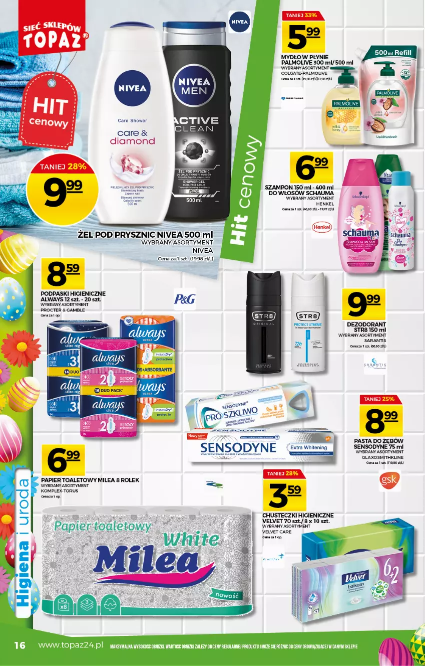 Gazetka promocyjna Topaz - Gazetka - ważna 25.03 do 31.03.2021 - strona 16 - produkty: Always, Chusteczki, Colgate, Dezodorant, LG, Mydło, Mydło w płynie, Nivea, Palmolive, Papier, Papier toaletowy, Podpaski, Schauma, Sensodyne, Str8, Szampon, Velvet