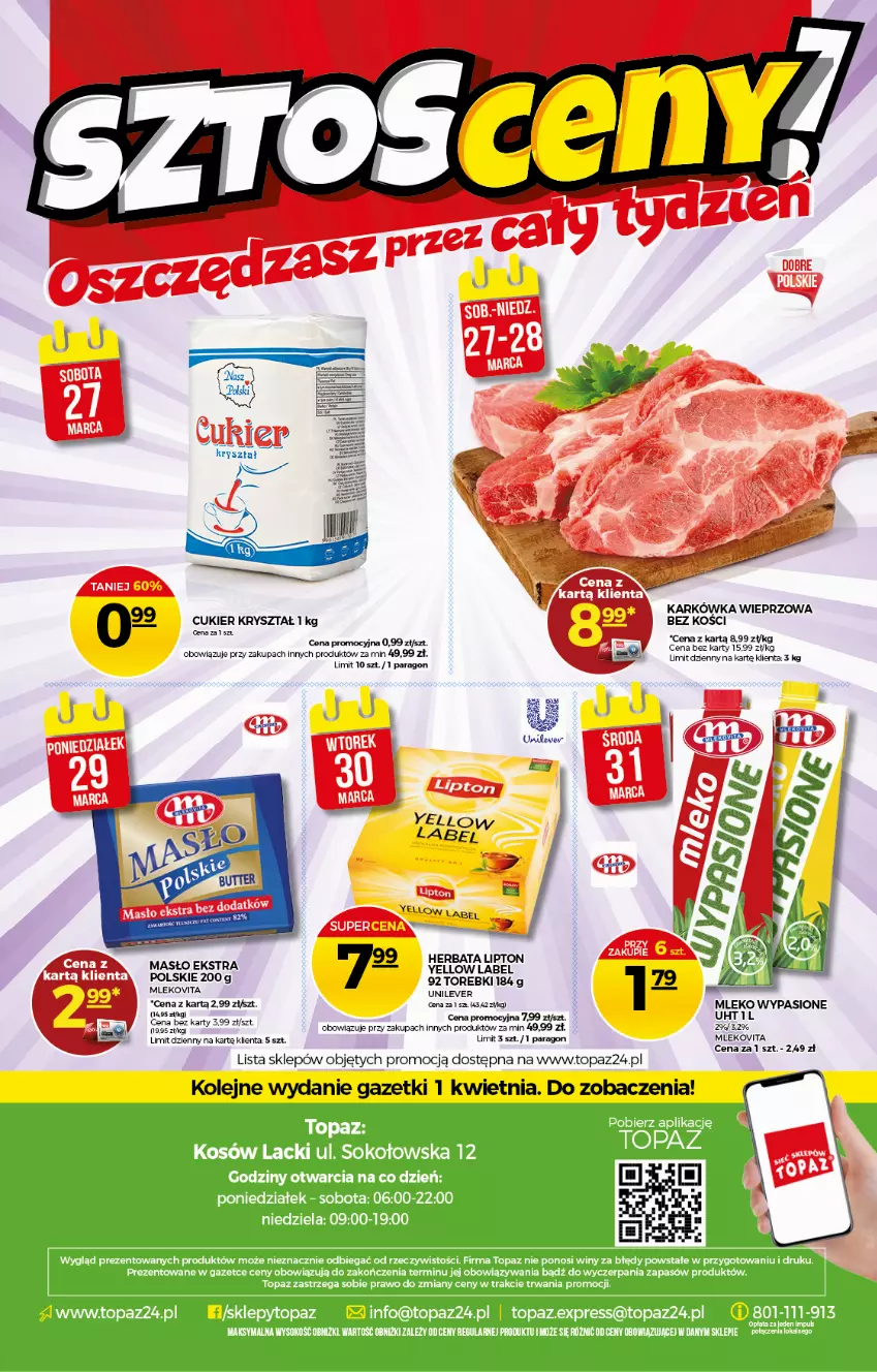 Gazetka promocyjna Topaz - Gazetka - ważna 25.03 do 31.03.2021 - strona 20 - produkty: Cukier, Karkówka wieprzowa, Masło, Mleko, Mlekovita, Olej, Top, Vita C