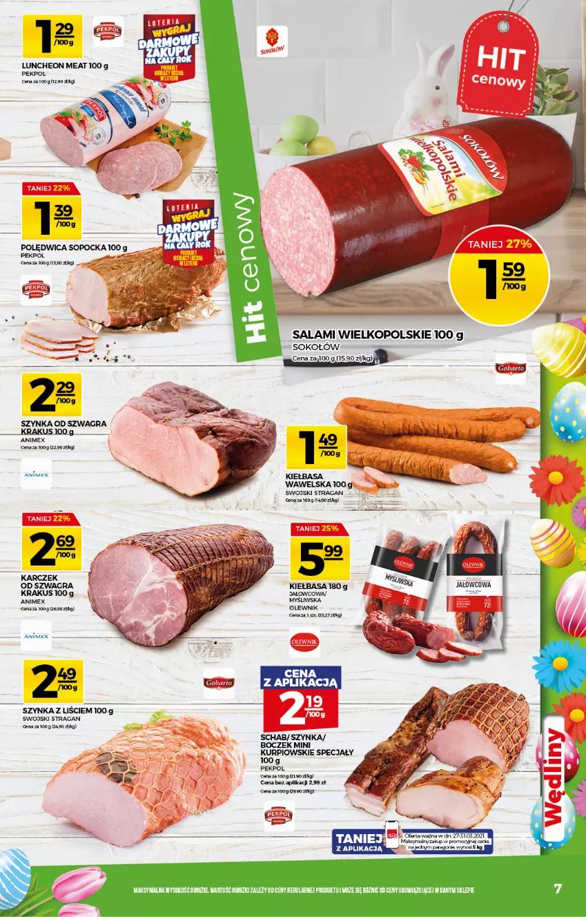 Gazetka promocyjna Topaz - Gazetka - ważna 25.03 do 31.03.2021 - strona 7 - produkty: Boczek, Gra, Kiełbasa, Krakus, Olewnik, Pekpol, Polędwica, Salami, Sok, Sokołów, Szynka