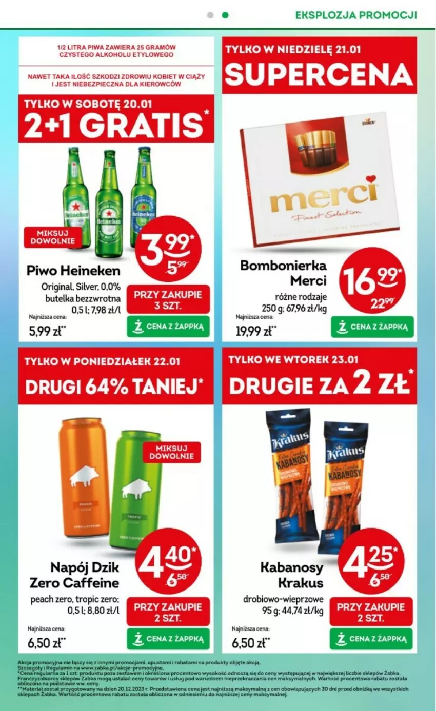 Gazetka promocyjna Żabka - ważna 17.01 do 30.01.2024 - strona 23 - produkty: Gin, Gra, Heineken, Kabanos, Krakus, Merci, Napój, Piec, Piwa, Piwo