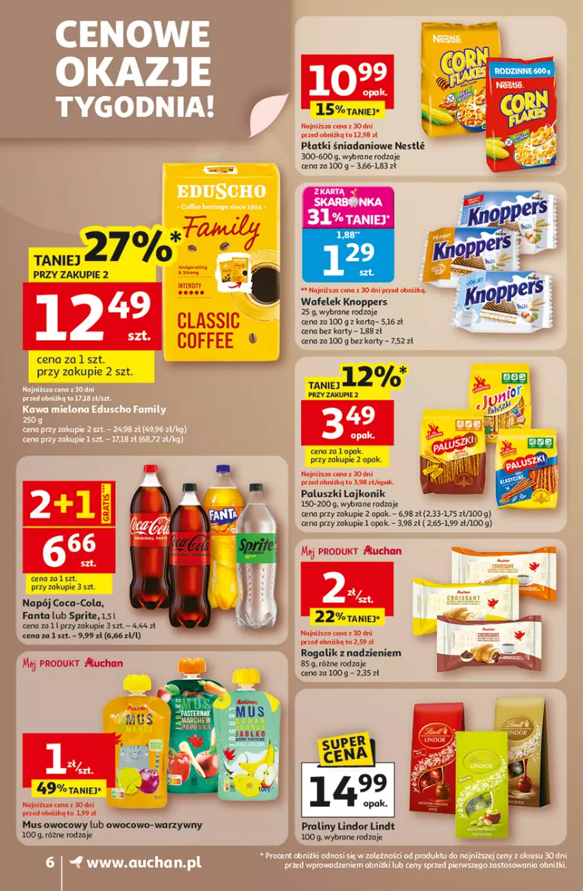 Gazetka promocyjna Auchan - Gazetka Wielkie Przeboje Cenowe Supermarket Auchan - ważna 02.01 do 07.01.2026 - strona 6 - produkty: Coca-Cola, Danio, Fa, Fanta, Knoppers, Lajkonik, Lindor, Lindt, Mus, Napój, Praliny, Rogal, Sprite, Wafelek