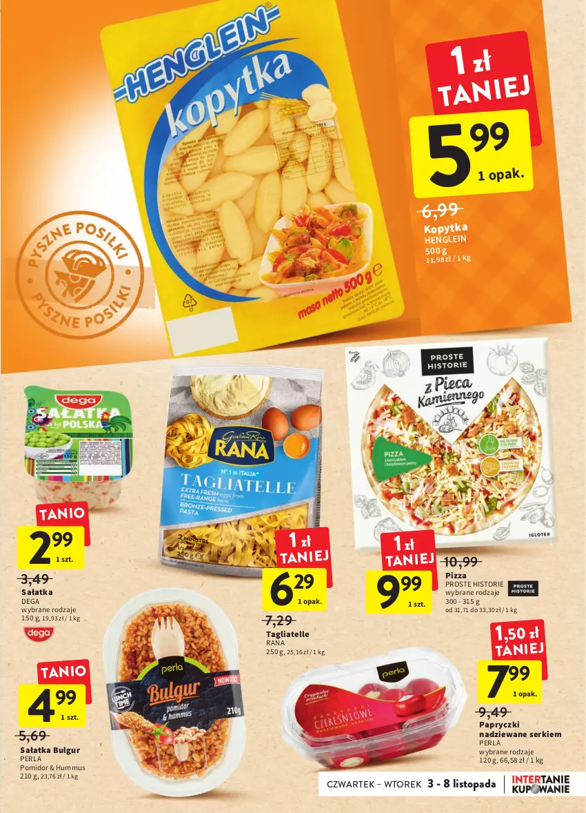 Gazetka promocyjna Intermarche - Gazetka Intermarche - ważna 03.11 do 08.11.2022 - strona 21 - produkty: Bulgur, Dega, Hummus, Kopytka, LG, Mus, Papryczki nadziewane, Pizza, Sałat, Sałatka, Ser, Tagliatelle, Top