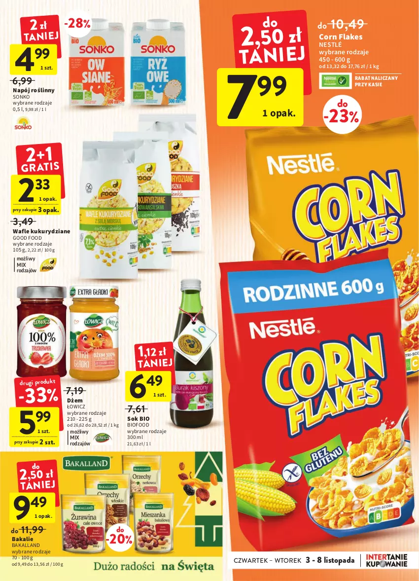 Gazetka promocyjna Intermarche - Gazetka Intermarche - ważna 03.11 do 08.11.2022 - strona 25 - produkty: Bakalland, Corn flakes, Dżem, Napój, Napój roślinny, Nestlé, Sok, Sonko, Top, Wafle