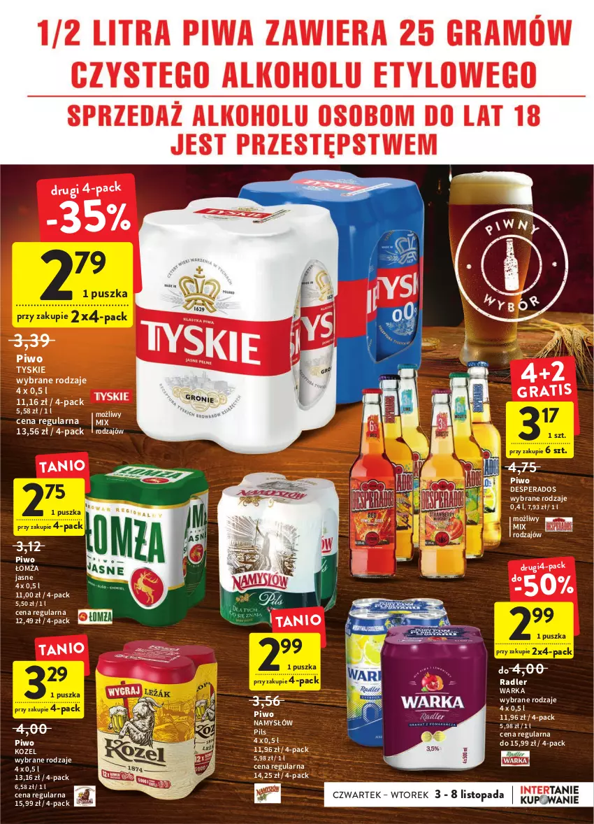 Gazetka promocyjna Intermarche - Gazetka Intermarche - ważna 03.11 do 08.11.2022 - strona 31 - produkty: Desperados, Kozel, Namysłów, Piwo, Radler, Top, Tyskie, Warka