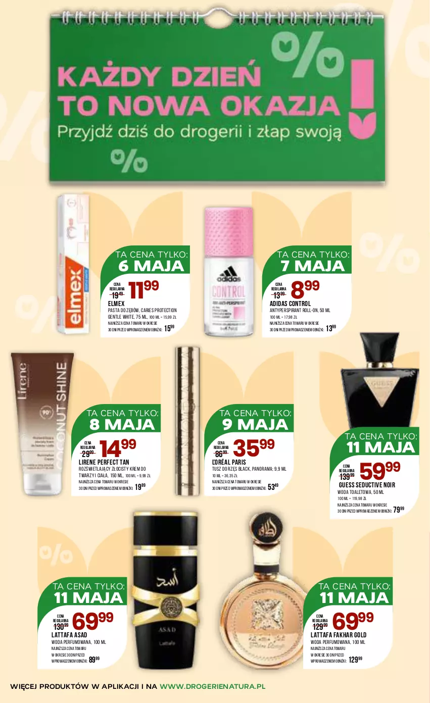 Gazetka promocyjna Drogerie Natura - Gazetka Drogerie Natura - ważna 06.05 do 17.05.2026 - strona 10 - produkty: Adidas, Antyperspirant, Control, Elmex, Fa, Krem do twarzy, Lack, Lirene, Pasta do zębów, Perfum, Rama, Tusz, Woda, Woda perfumowana, Woda toaletowa