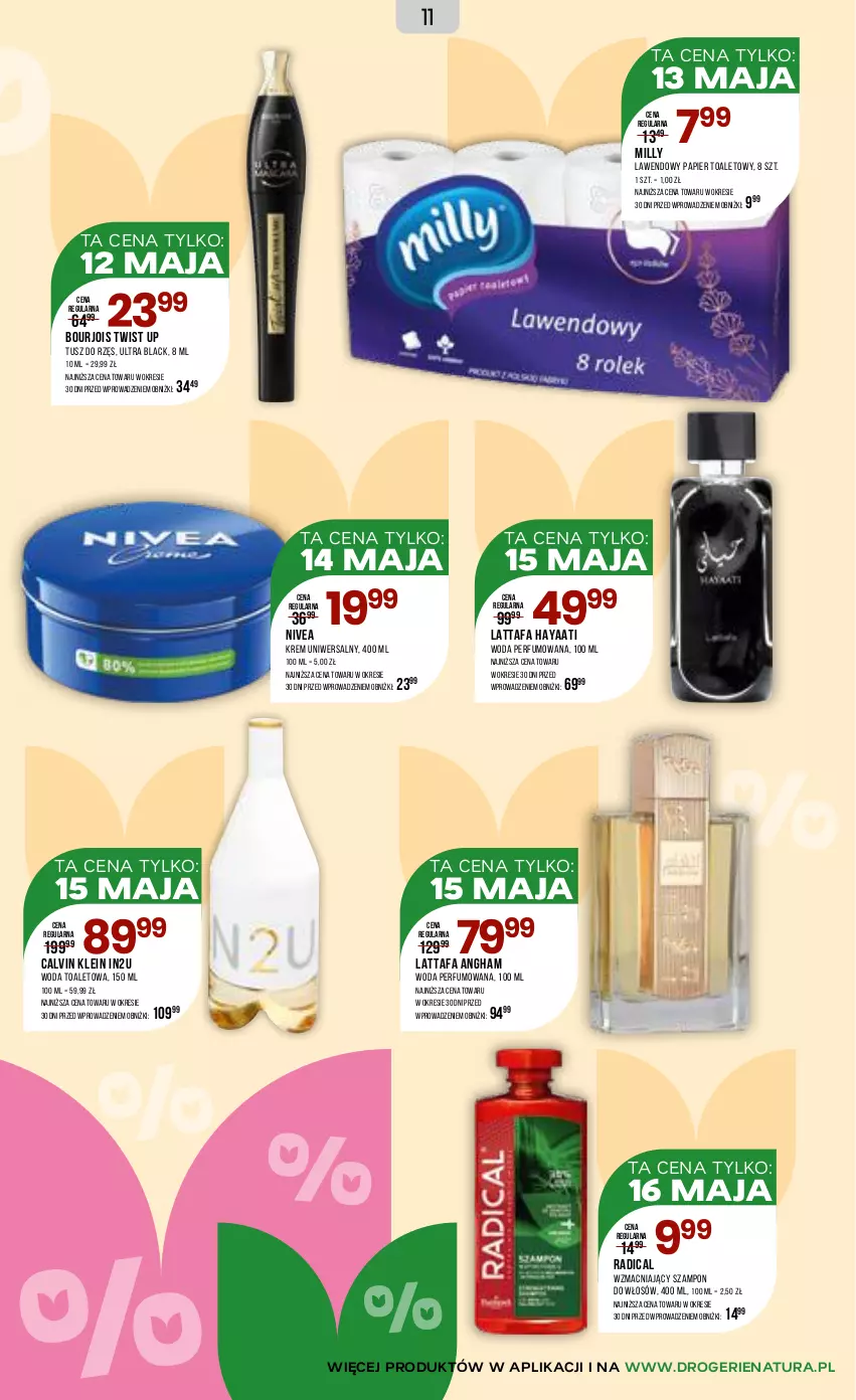 Gazetka promocyjna Drogerie Natura - Gazetka Drogerie Natura - ważna 06.05 do 17.05.2026 - strona 11 - produkty: Bourjois, Calvin Klein, Fa, Krem uniwersalny, Lack, Nivea, Papier, Papier toaletowy, Perfum, Szampon, Tusz, Woda, Woda perfumowana, Woda toaletowa