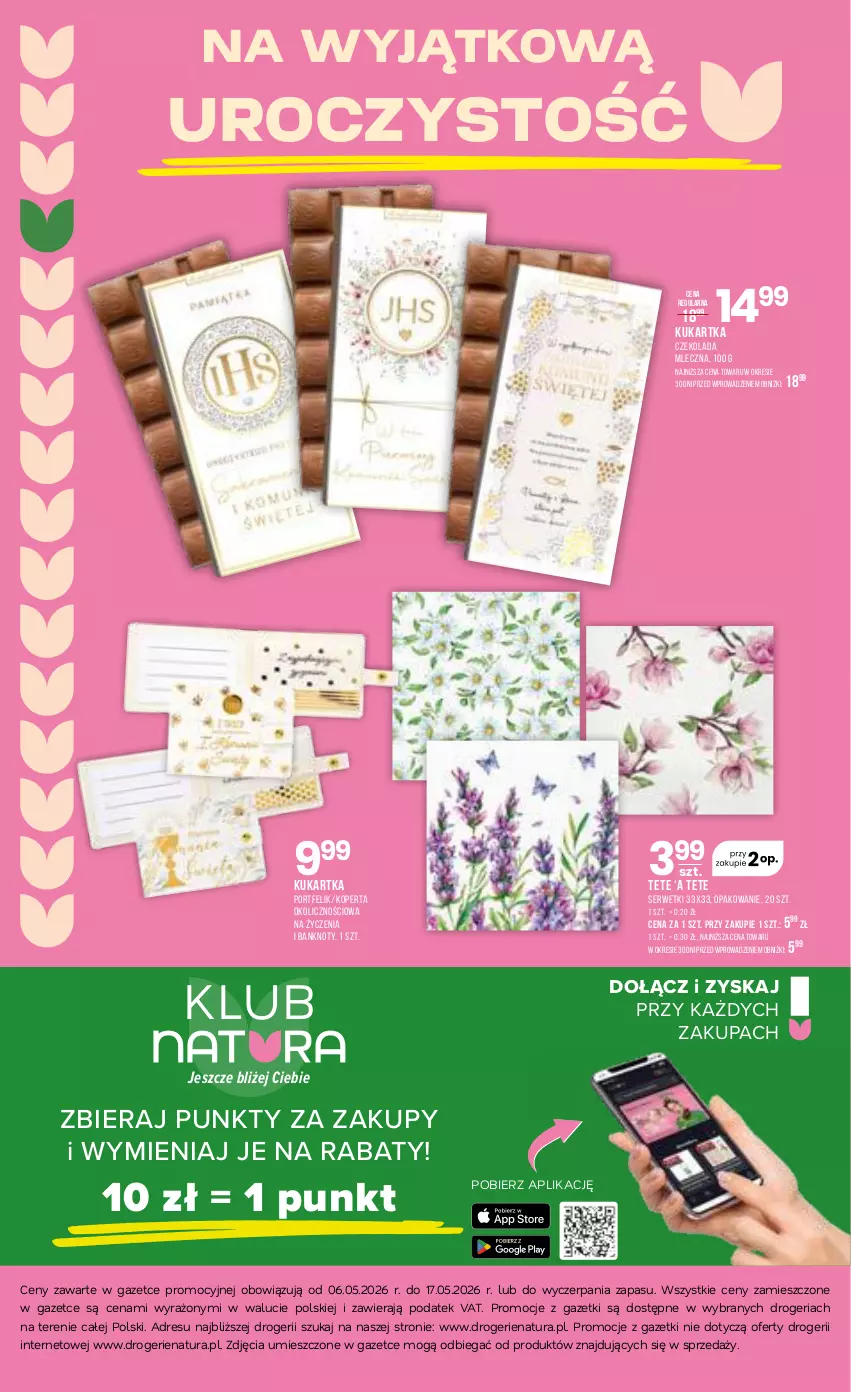 Gazetka promocyjna Drogerie Natura - Gazetka Drogerie Natura - ważna 06.05 do 17.05.2026 - strona 20 - produkty: Czekolada, Czekolada mleczna, Dres, JBL, Por, Ser, Serwetki