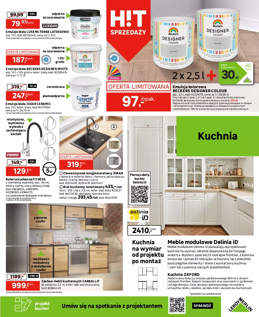 Gazetka promocyjna Leroy Merlin - Gazetka Leroy Merlin - ważna 04.10 do 24.10.2023 - strona 9 - produkty: Bateria, Bateria kuchenna, Beckers, Dekoral, Designer Colour, Emulsja, Fa, Farba lateksowa, Gra, Kuchnia, LG, Luxens, Meble, Ociekacz, Papier, Podkład, Por, Zestaw mebli kuchennych, Zlew, Zlewozmywak