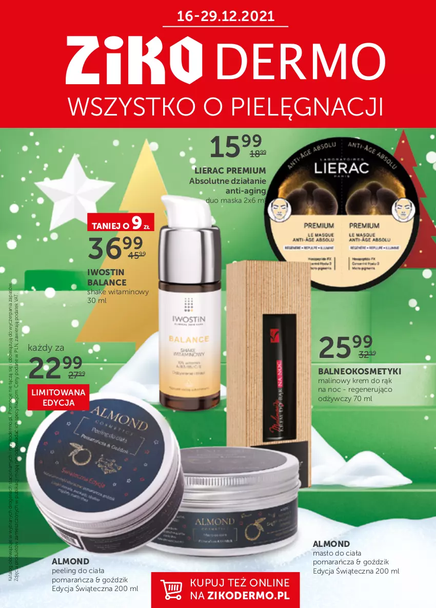 Gazetka promocyjna Ziko - 16-29.12 - ważna 16.12 do 29.12.2021 - strona 1 - produkty: Absolut, Gin, Iwostin, Krem do rąk, Lierac, Maska, Masło, Masło do ciała, Peeling