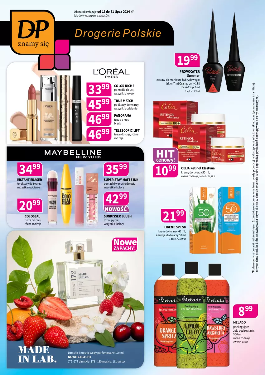 Gazetka promocyjna Drogerie Polskie - Gazetka - ważna 12.07 do 31.07.2024 - strona 1 - produkty: Emulsja, Krem do twarzy, Lack, Lakier, Lirene, Peeling, Perfum, Podkład, Rama, Ser, Top, Tusz