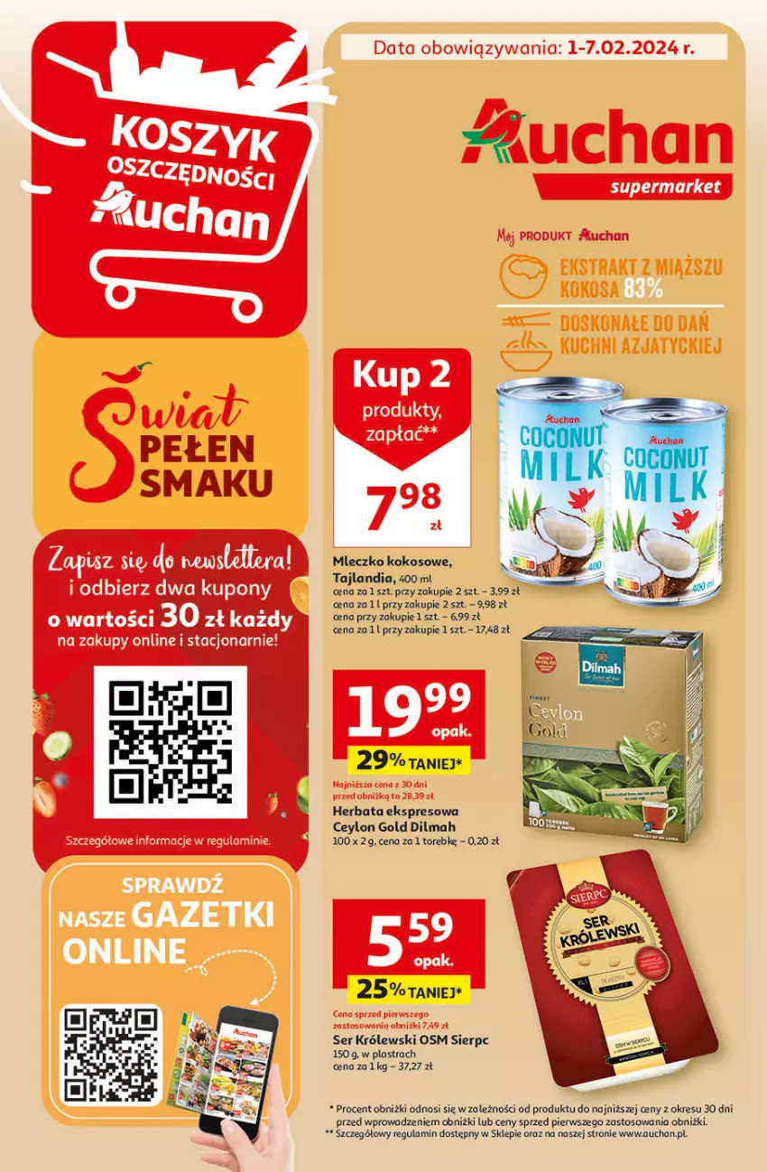 Gazetka promocyjna Auchan - Gazetka Świat Pełen Smaku Supermarket Auchan - ważna 01.02 do 07.02.2024 - strona 1 - produkty: Dilmah, Herbata, Kokos, Królewski, Mleczko, Ser